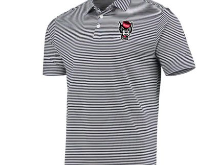 NC State Wolfpack Columbia Black and White Striped Omni-Wick Club Invite Wolfhead Polo