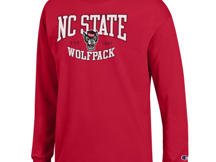 NC State Wolfpack Champion Red Arched Wolfpack Est. 1887 Over Wolfhead Long Sleeve T-Shirt