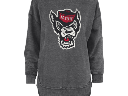 NC State Wolfpack Women's Heathered Black Wolfhead Rounded Bottom Fleece Crewneck